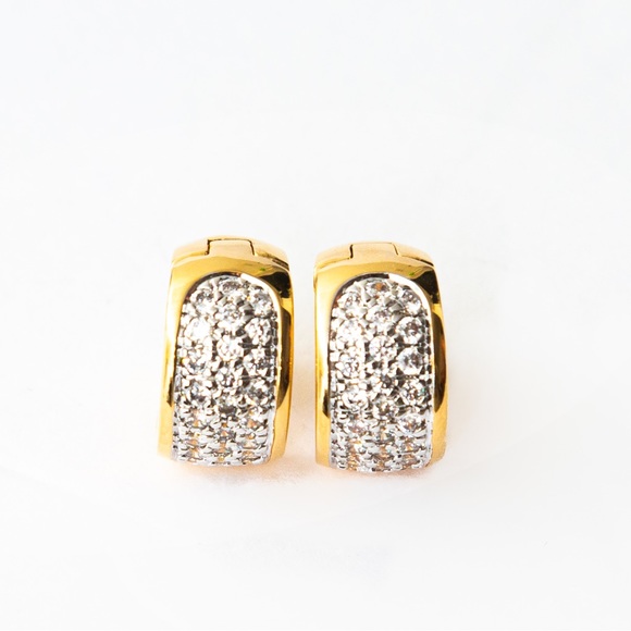 Quiet luxury huggie hoop gold tone earrings pave CZ minimalist by Brilliante - Picture 10 of 16